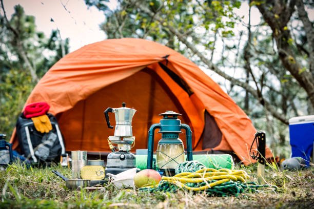 equipment and accessories for mountain hiking in the wilderness